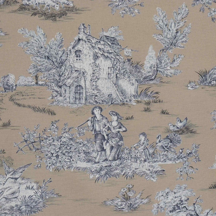 French Pastorale Toile Blue on Tan Double Width Fabric