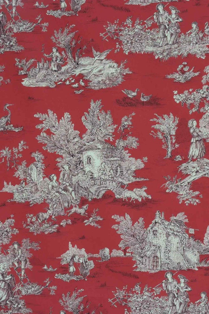 French Pastorale Toile Gold on Red Fabric