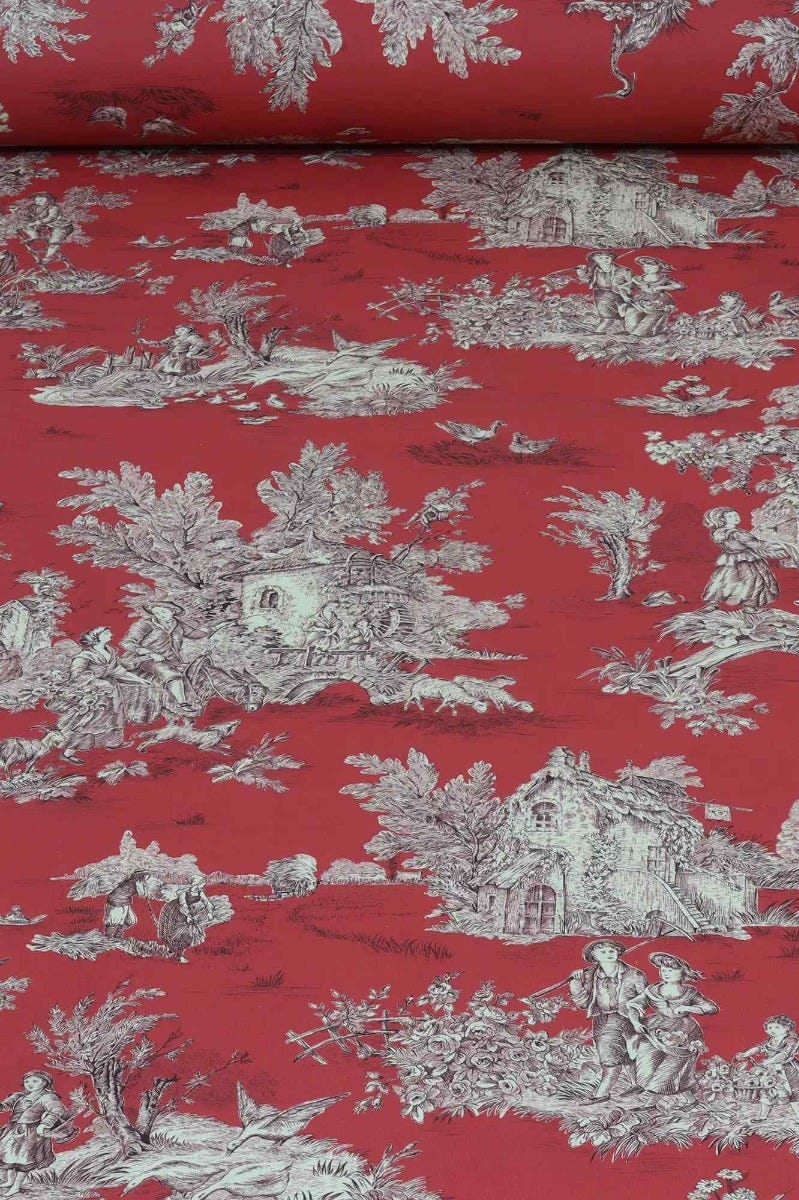 French Pastorale Toile Gold on Red Double Width Fabric