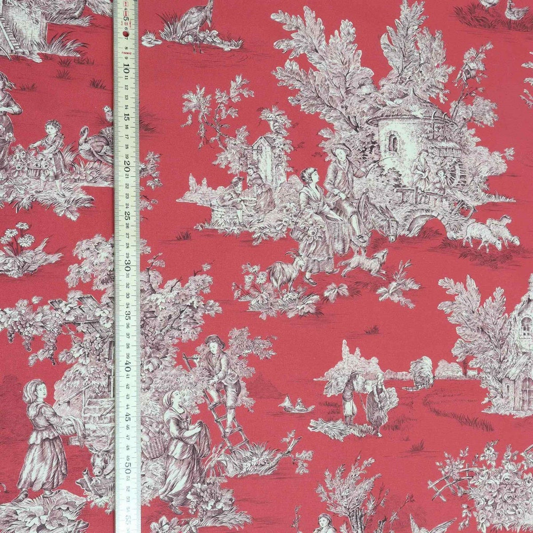 French Pastorale Toile Gold on Red Double Width Fabric