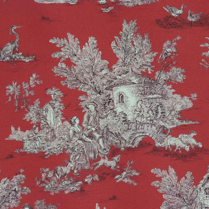 French Pastorale Toile Gold on Red Double Width Fabric