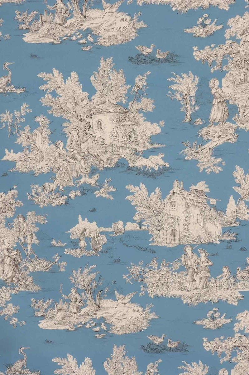 French Pastorale Toile Double Width Blue Fabric  