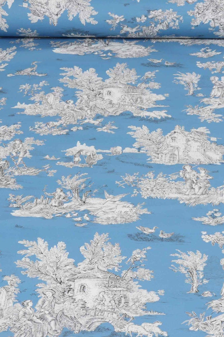 French Pastorale Toile Double Width Blue Fabric