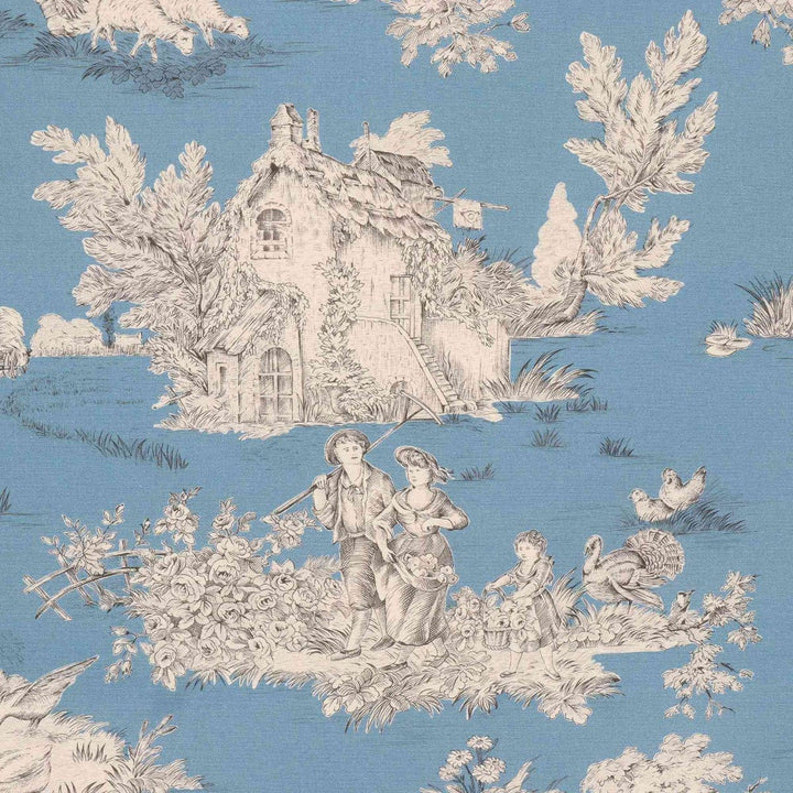 French Pastorale Toile Double Width Blue Fabric