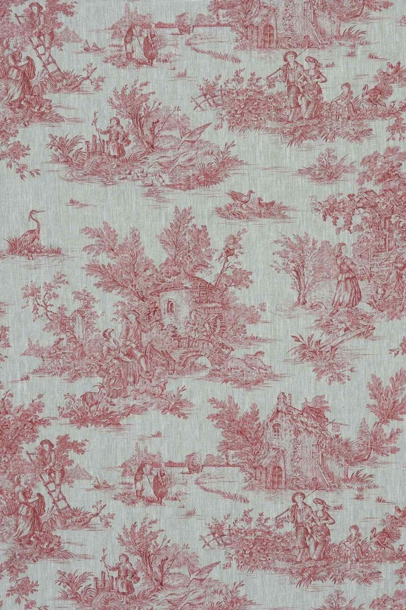 French Toile De Jouy Linen Red Fabric