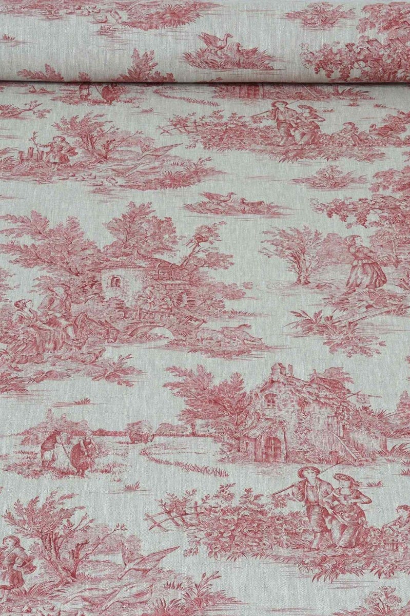 French Toile De Jouy Linen Red Fabric