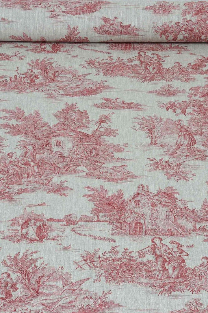 French Toile De Jouy Linen Red Fabric