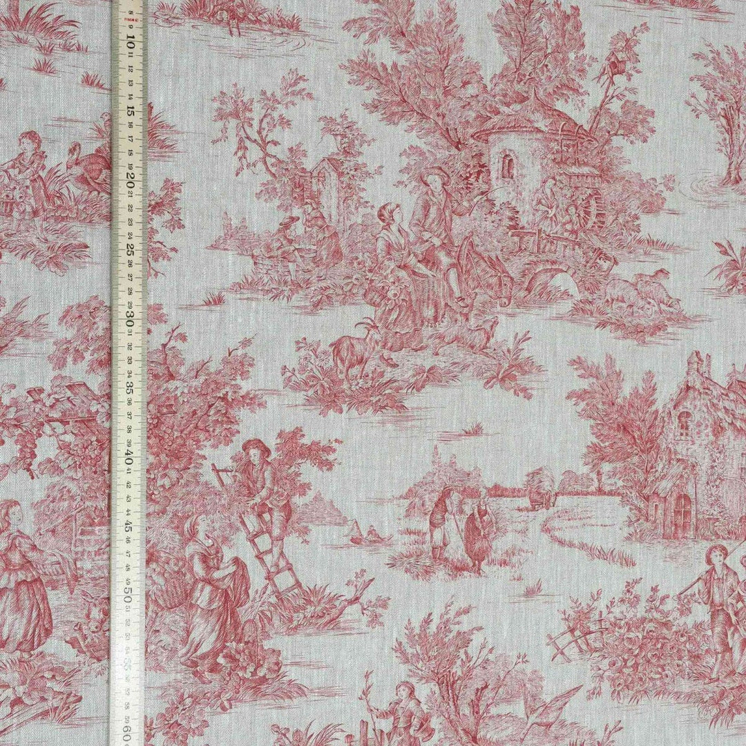 French Toile De Jouy Linen Red Fabric