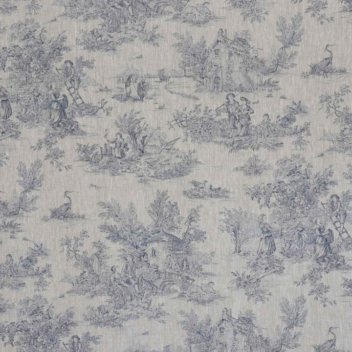 French Toile De Jouy Linen Blue Fabric