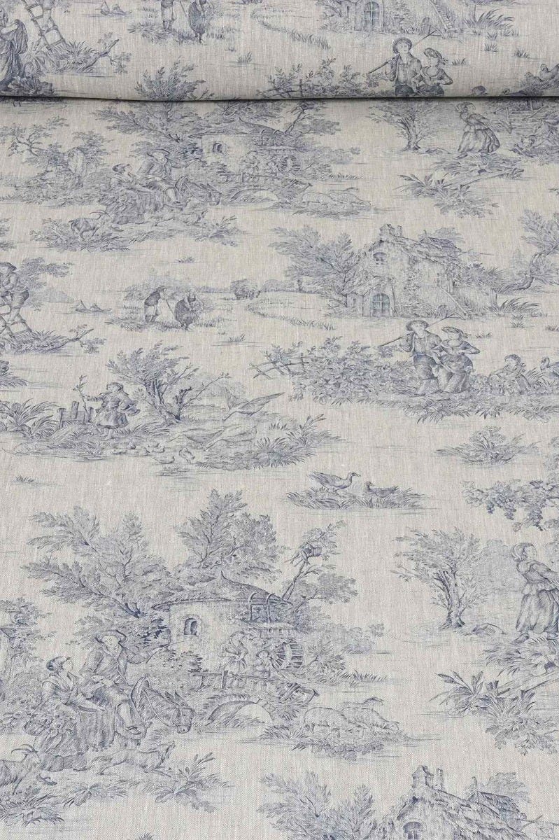 French Toile De Jouy Linen Blue Fabric