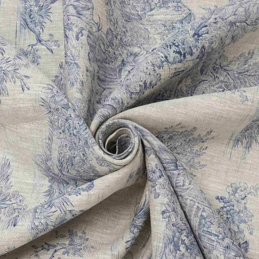 French Toile De Jouy Linen Blue Fabric