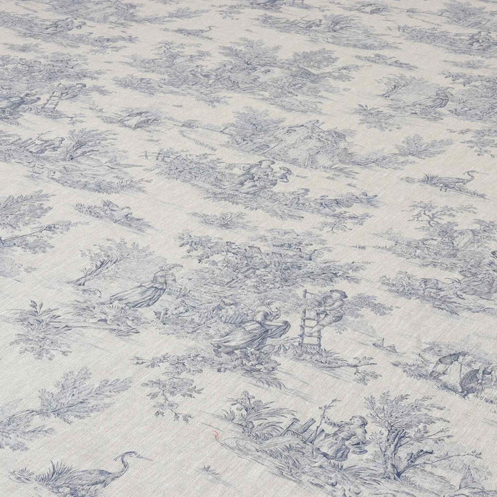 French Toile De Jouy Linen Blue Fabric