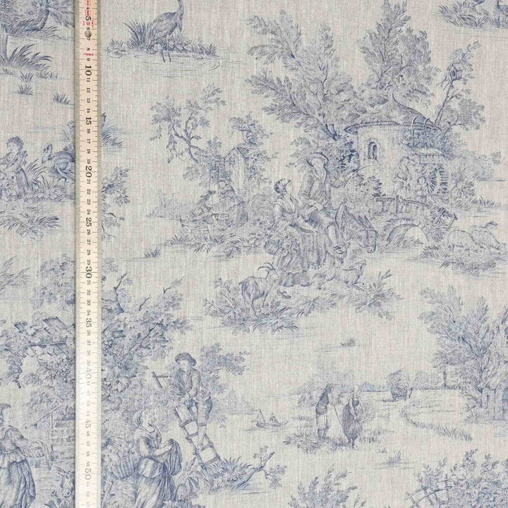 French Toile De Jouy Linen Blue Fabric