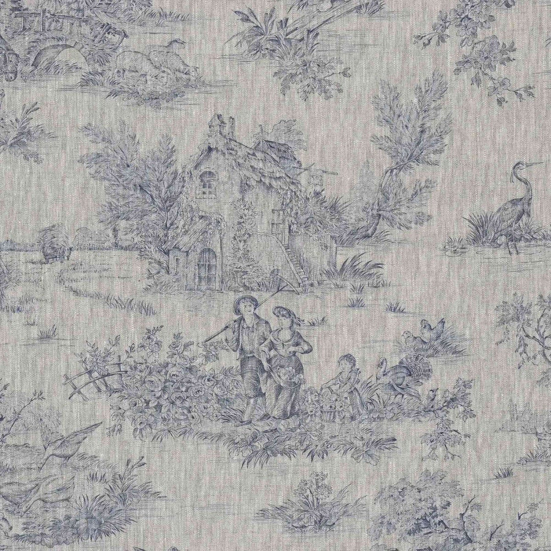 French Toile De Jouy Linen Blue Fabric