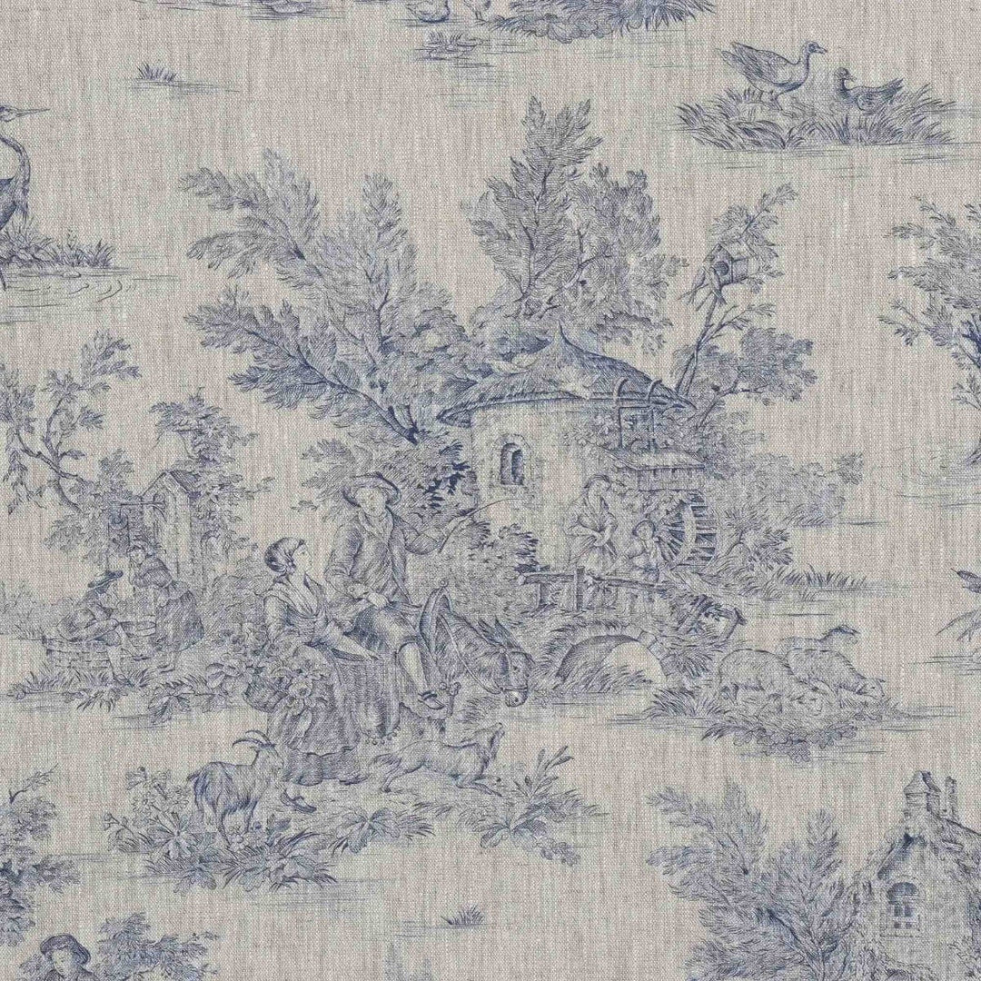 French Toile De Jouy Linen Blue Fabric