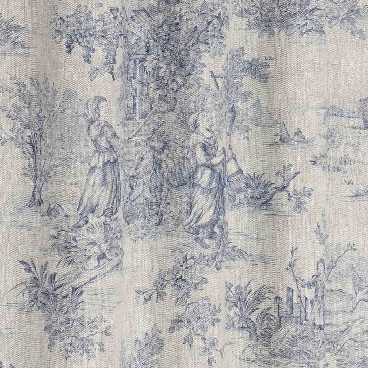 French Toile De Jouy Linen Blue Fabric