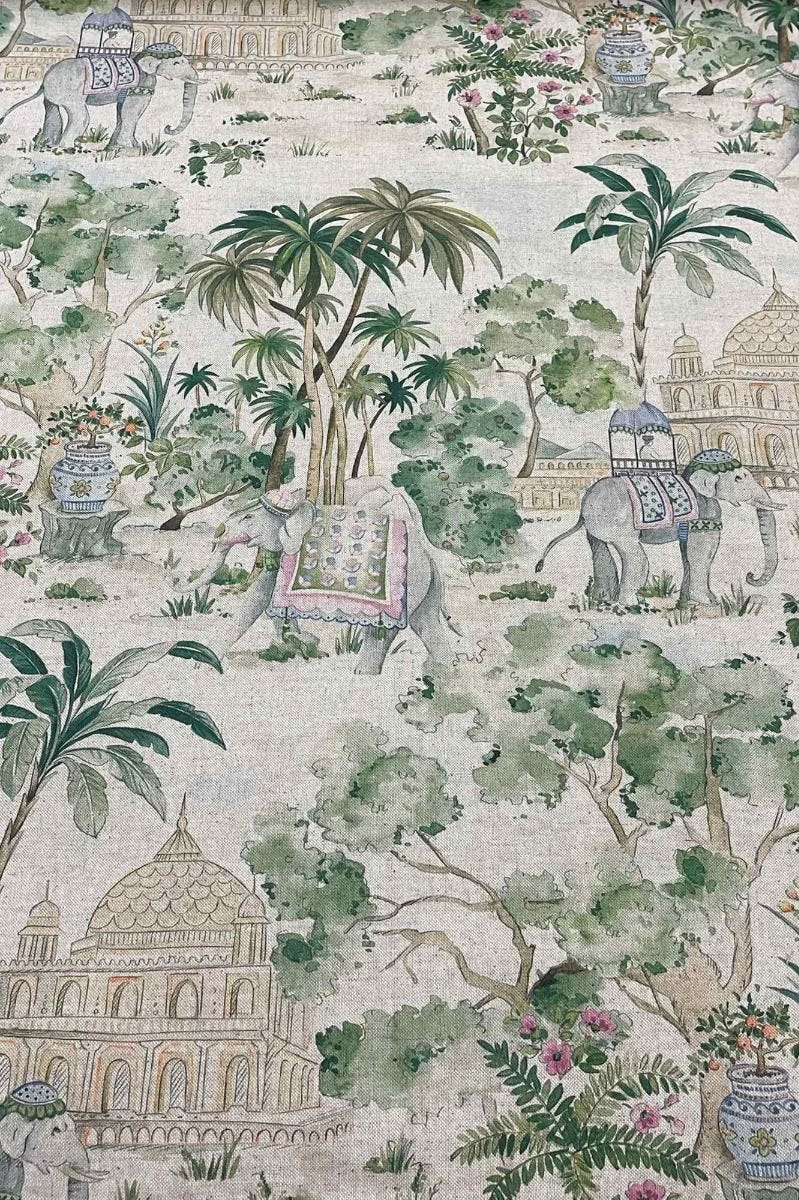 Elephant & Palm Linen Double Width Fabric