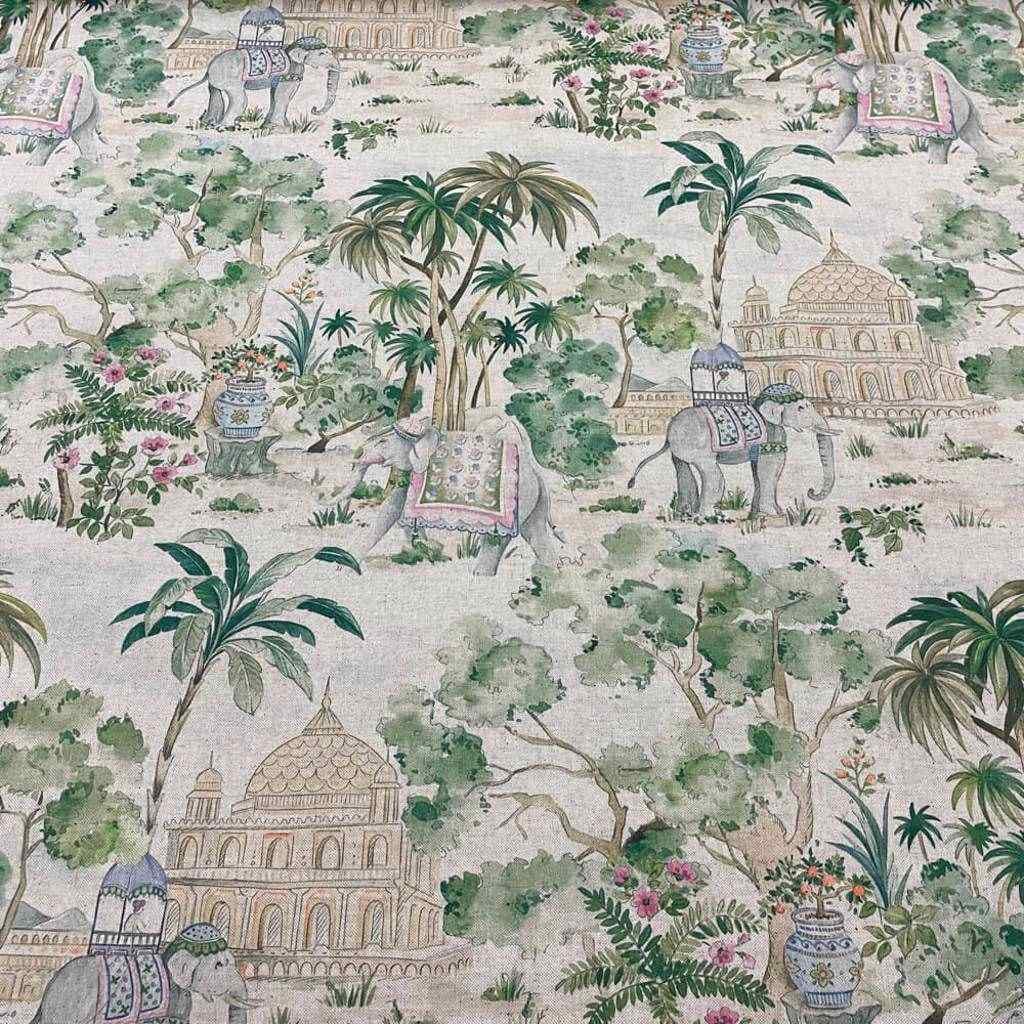 Elephant & Palm Linen Double Width Fabric