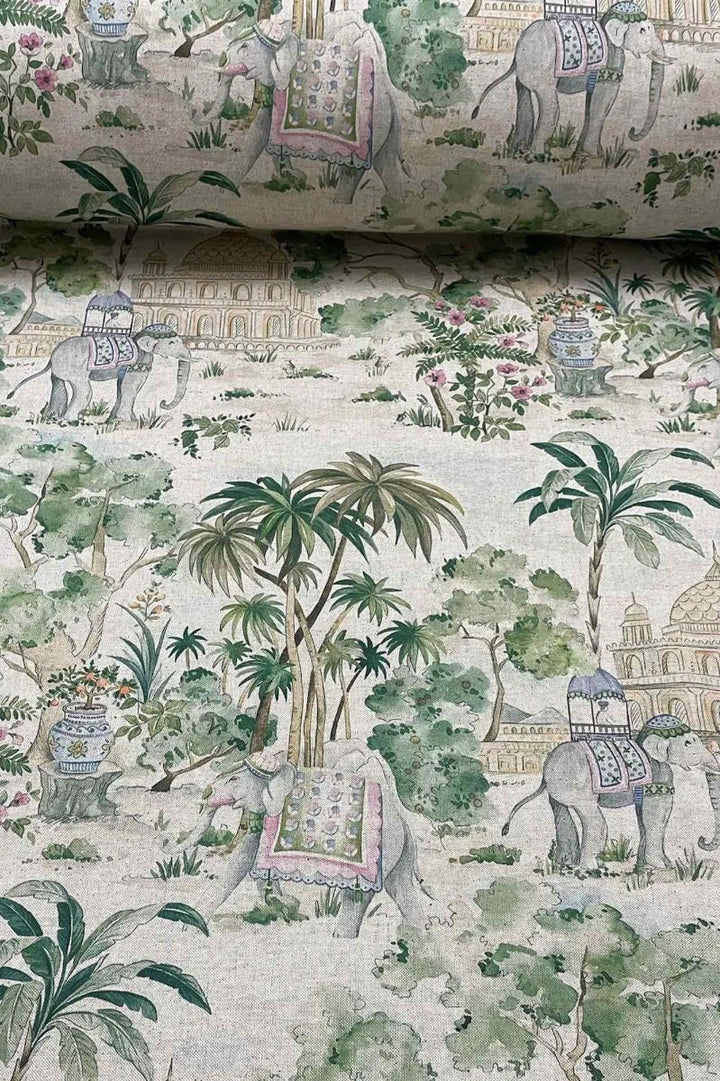 Elephant & Palm Linen Double Width Fabric