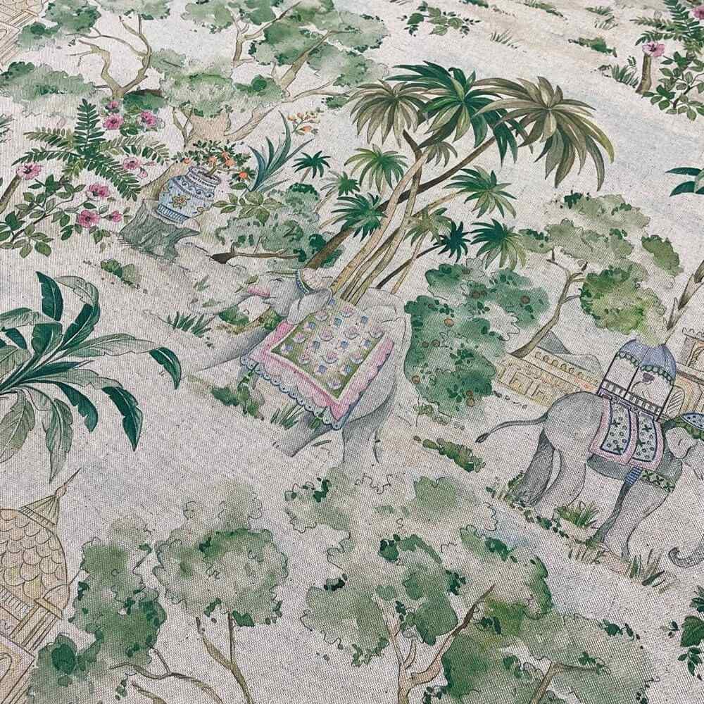 Elephant & Palm Linen Double Width Fabric