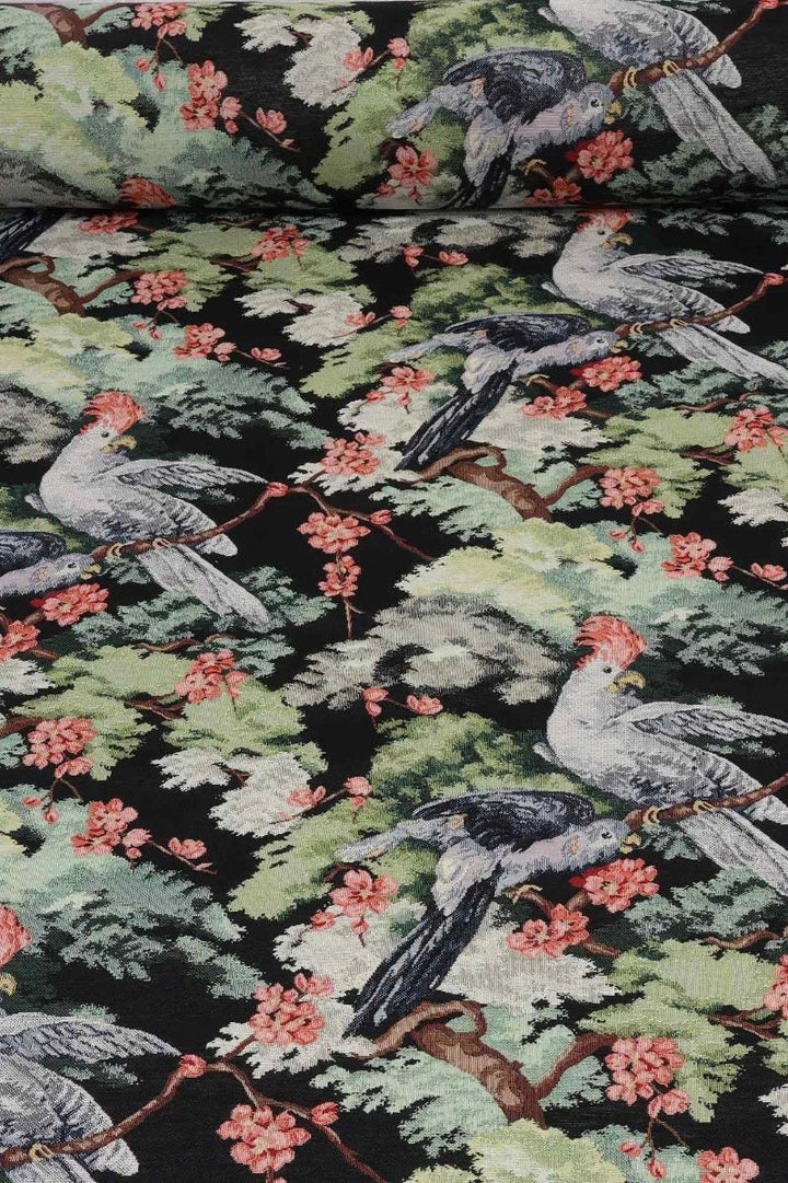 Exotic Aviary Tapestry Black Fabric