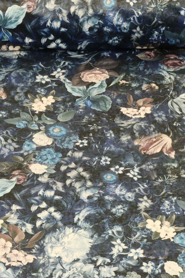 Midnight Floral Velvet Blue Fabric