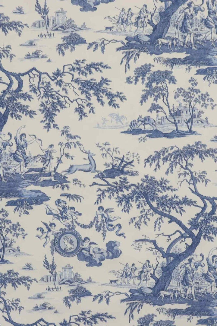 Cherubs Toile Blue on White Double Width Fabric