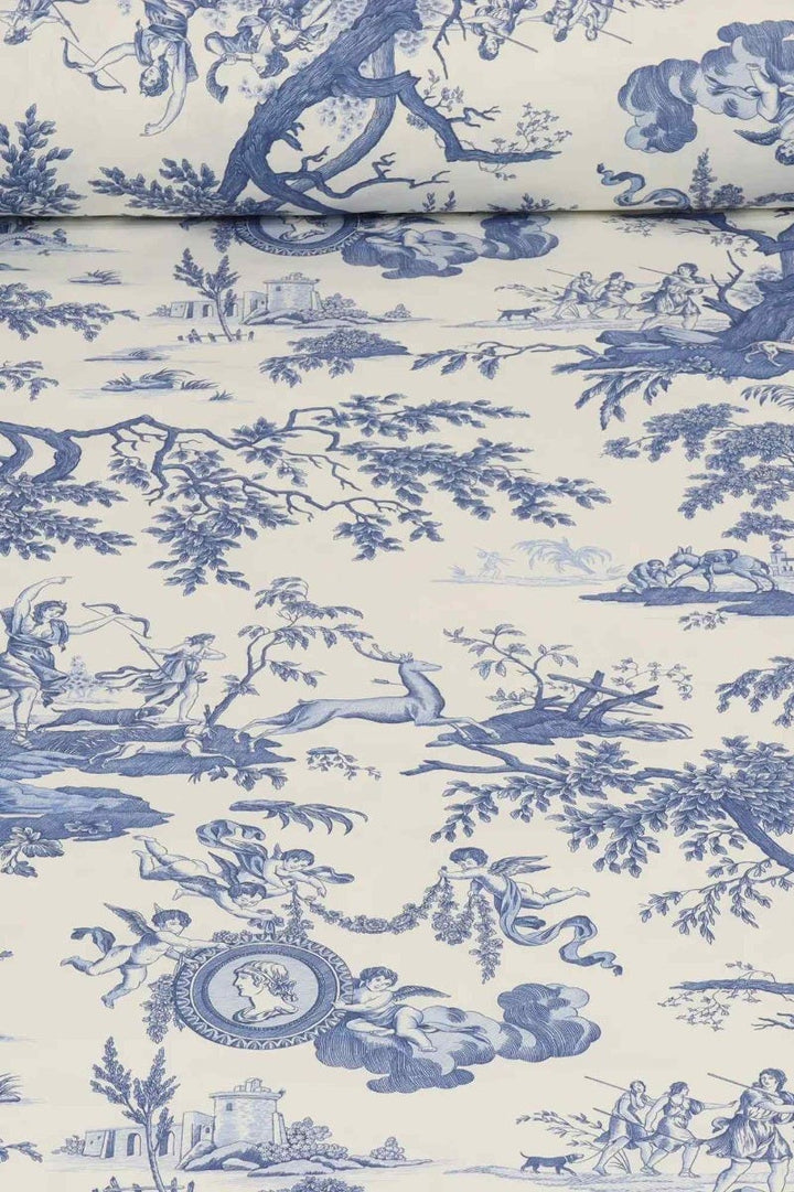 Cherubs Toile Blue on White Double Width Fabric