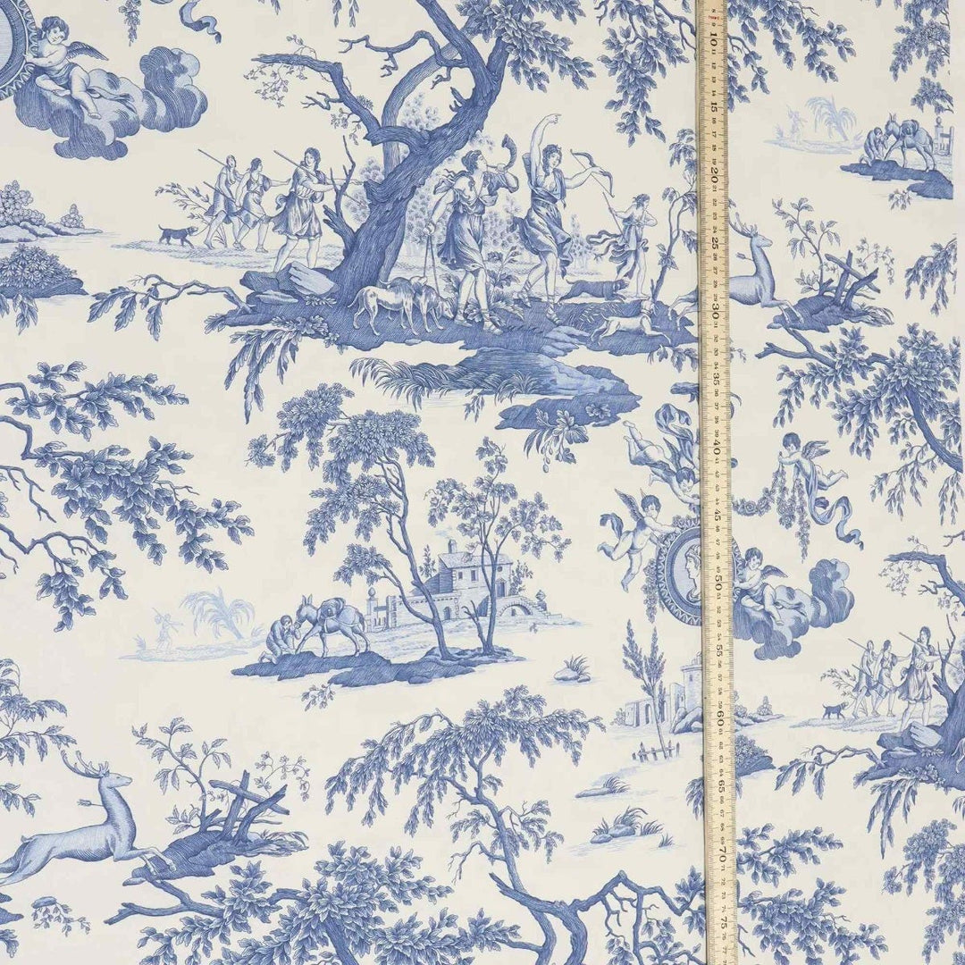 Cherubs Toile Blue on White Double Width Fabric