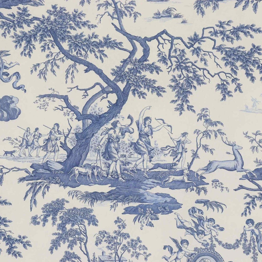 Cherubs Toile Blue on White Double Width Fabric