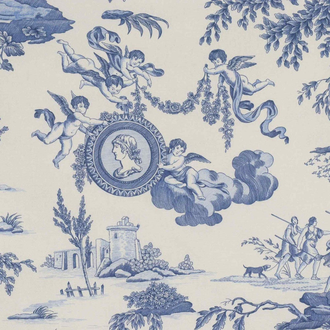 Cherubs Toile Blue on White Double Width Fabric