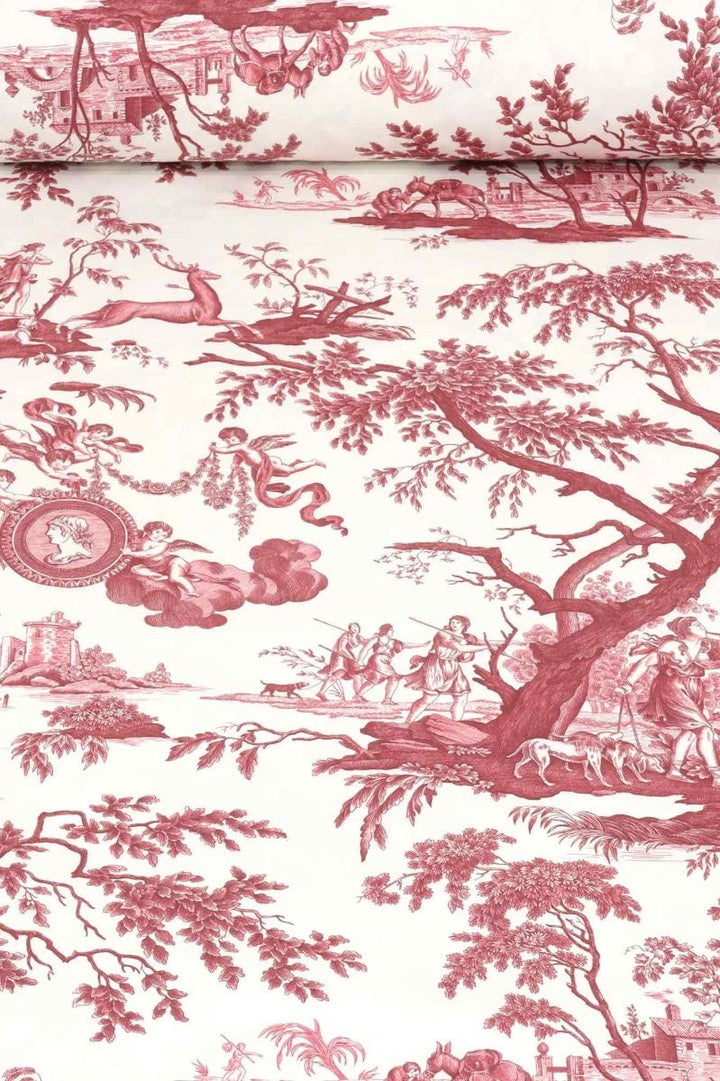 Cherubs Toile Red on White Double Width Fabric