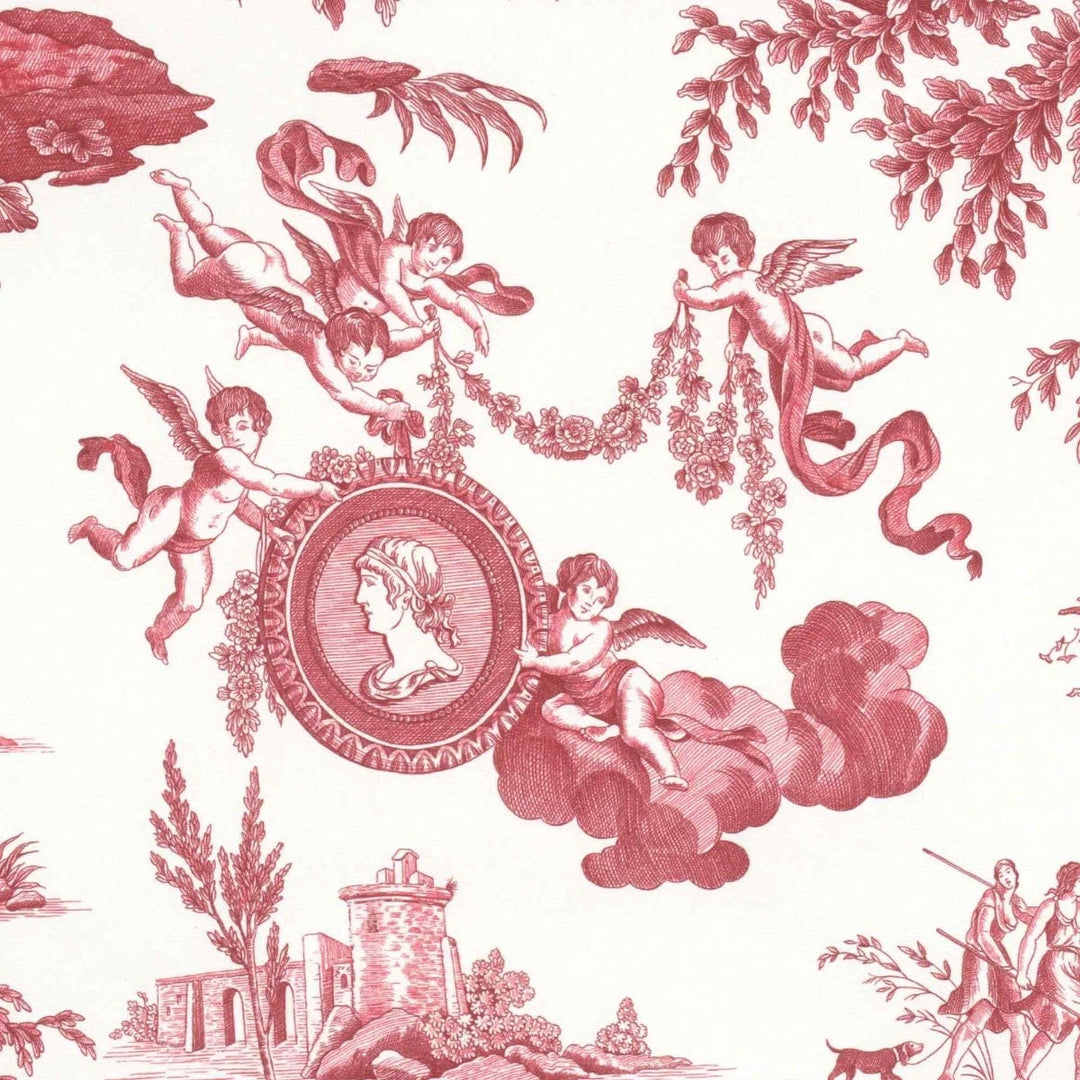 Cherubs Toile Red on White Double Width Fabric