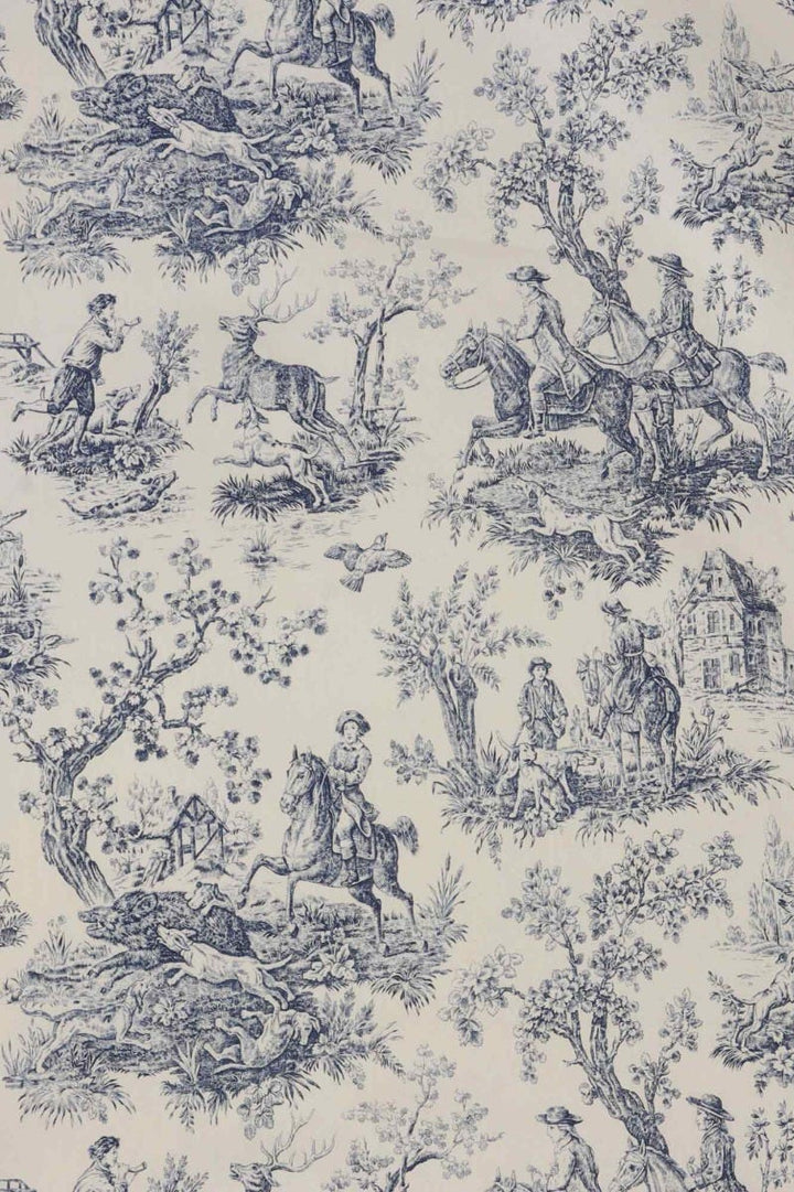 Double Width French Hunting Toile Blue On White Fabric