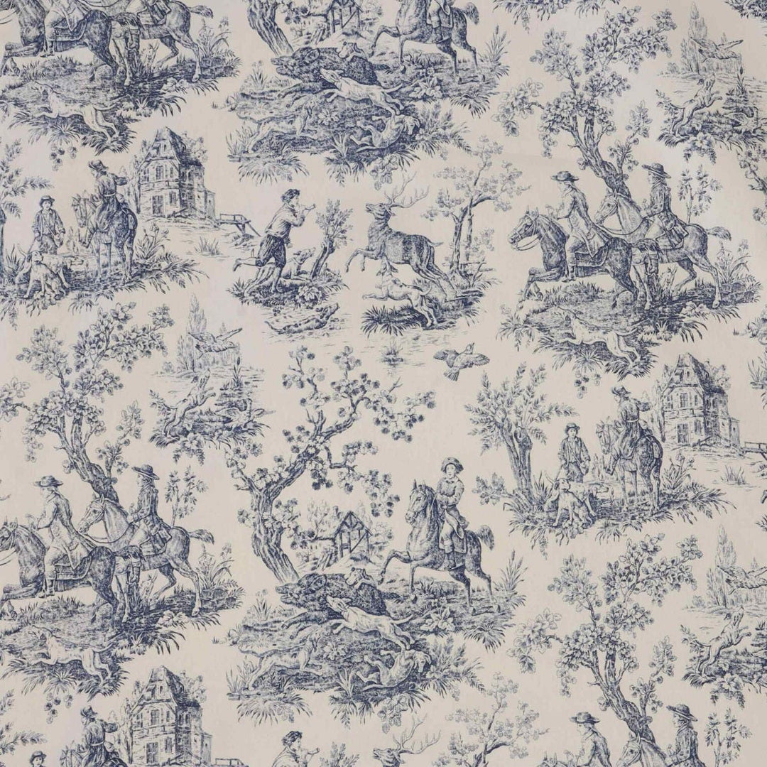 Double Width French Hunting Toile Blue On White Fabric