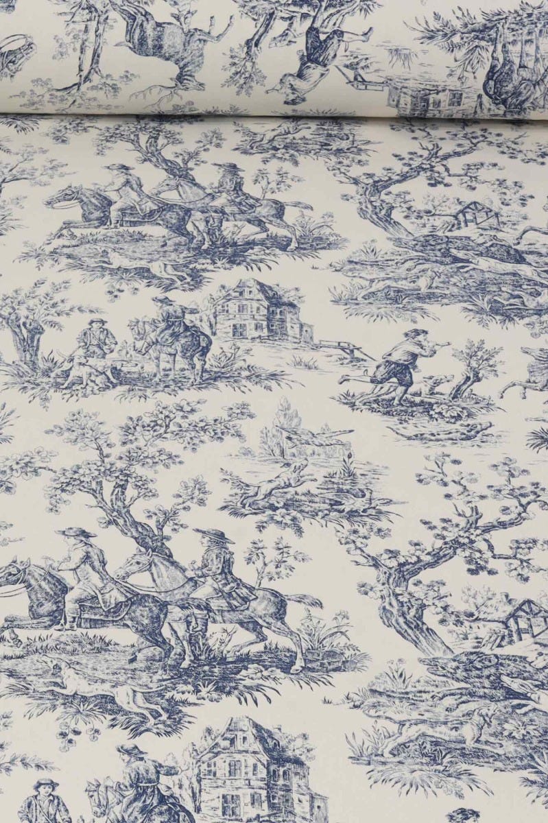 Double Width French Hunting Toile Blue On White Fabric