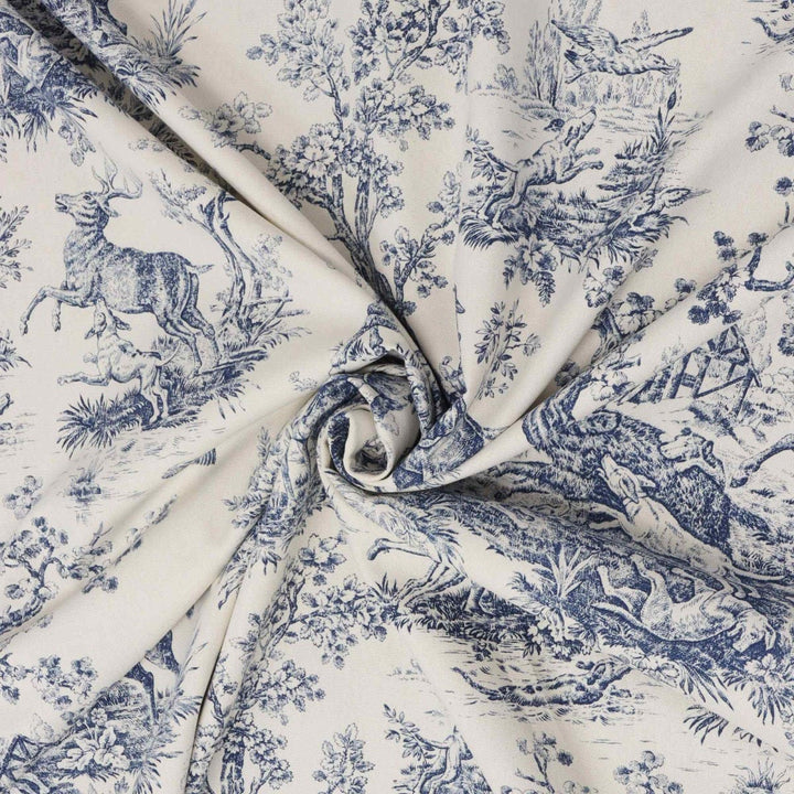 Double Width French Hunting Toile Blue On White Fabric