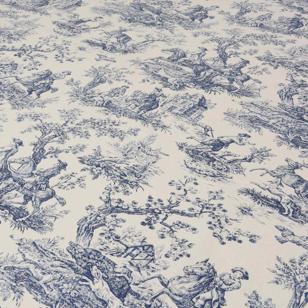 Double Width French Hunting Toile Blue On White Fabric