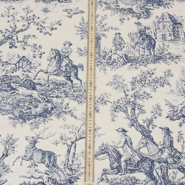 Double Width French Hunting Toile Blue On White Fabric