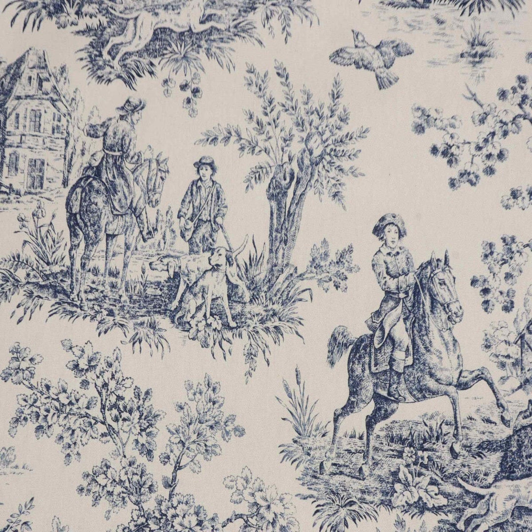 Double Width French Hunting Toile Blue On White Fabric