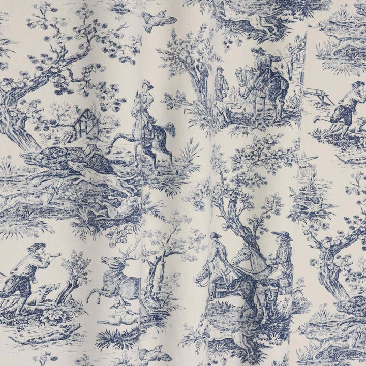 Double Width French Hunting Toile Blue On White Fabric