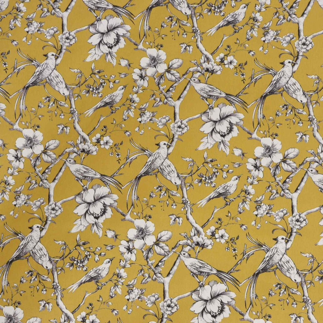 Floral Bird Toile Mustard Fabric