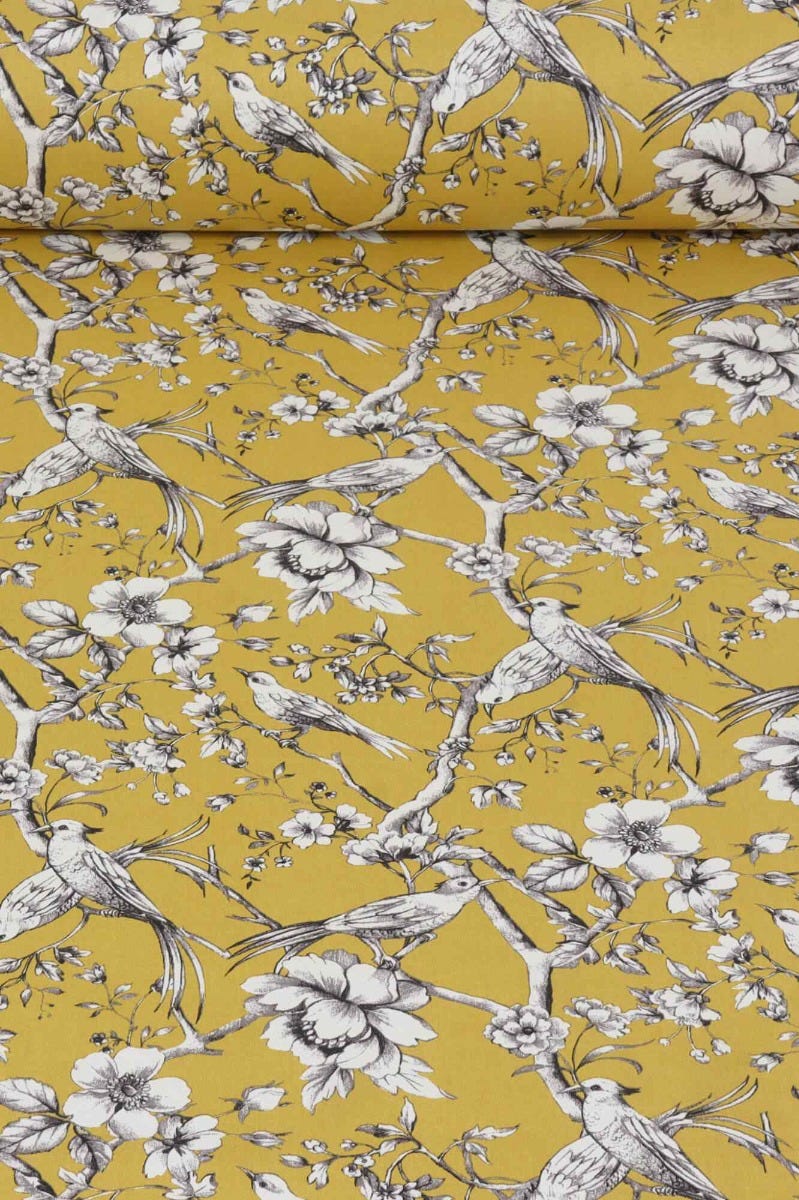 Floral Bird Toile Mustard Fabric