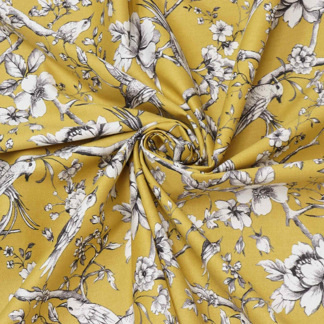 Floral Bird Toile Mustard Fabric