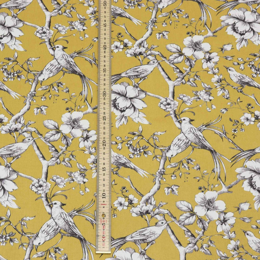 Floral Bird Toile Mustard Fabric