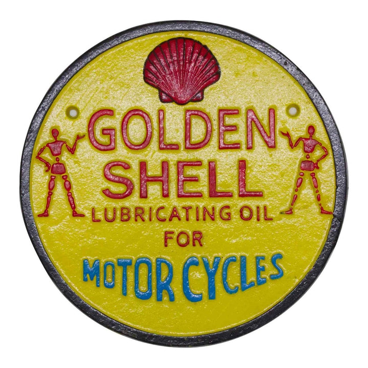 Golden Shell Oil Motorcycles Cast Iron Round Wall Sign