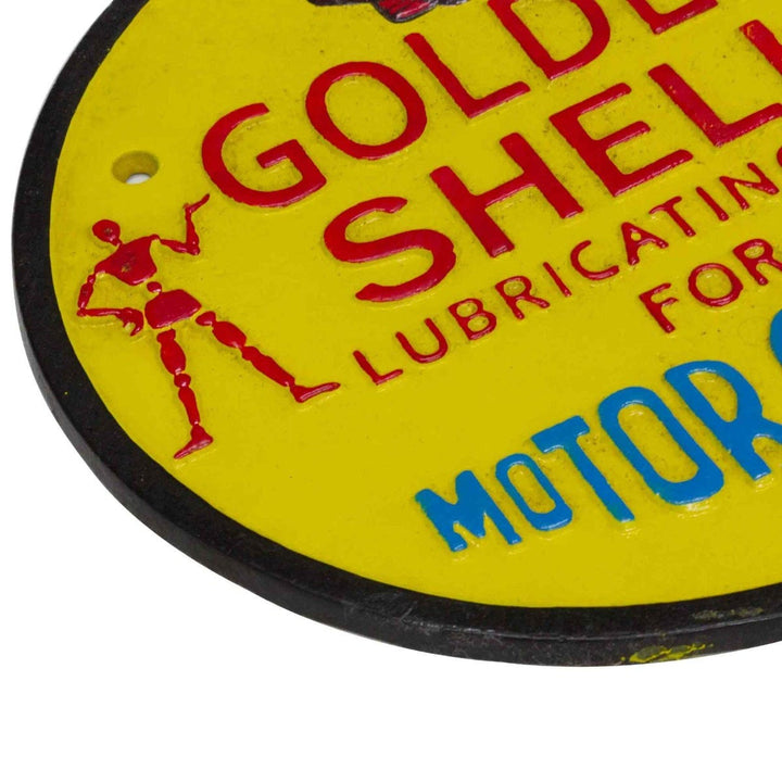 Golden Shell Oil Motorcycles Cast Iron Round Wall Sign