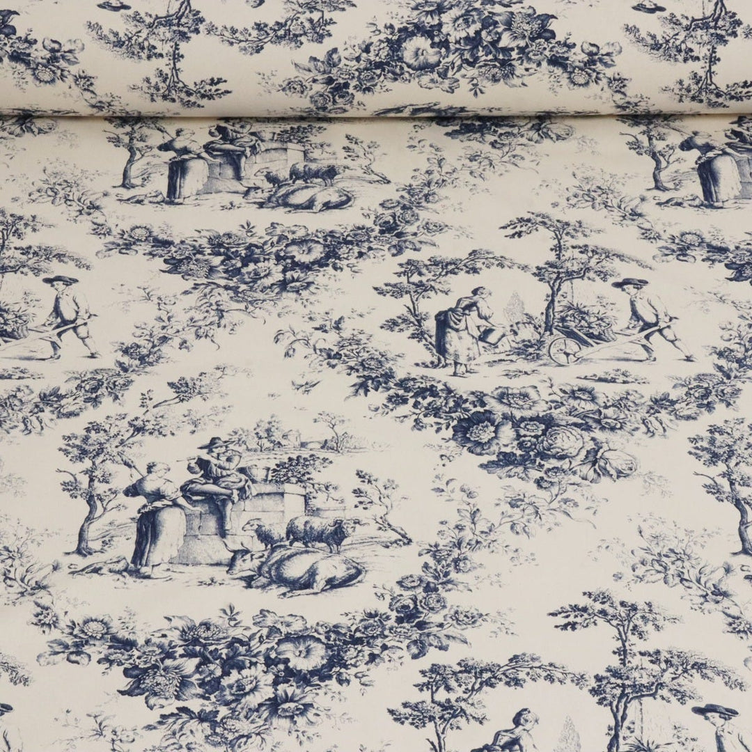 Amelie Pastoral Toile Blue on Cream Double Width Fabric