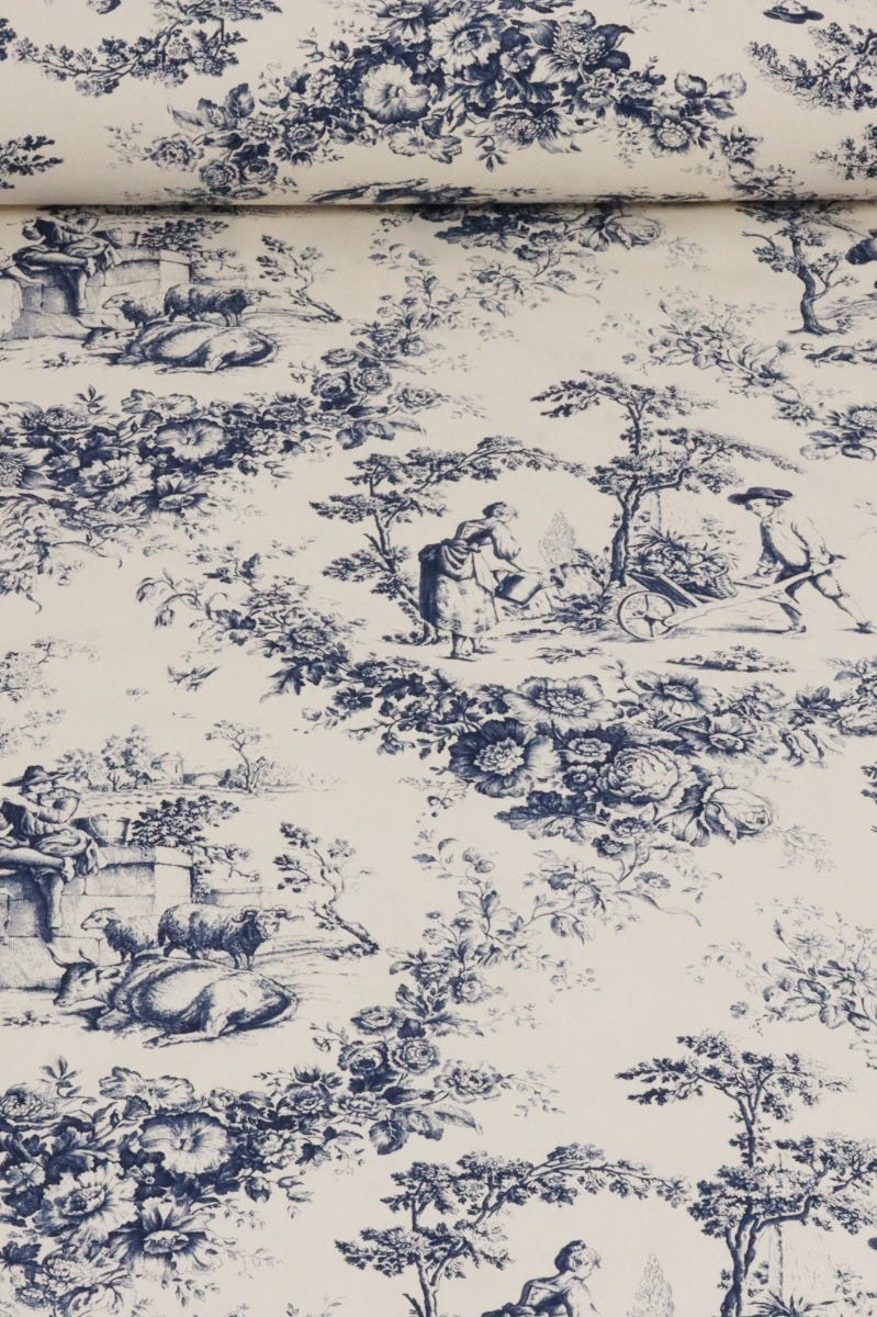 Amelie Pastoral Toile Blue on Cream Double Width Fabric