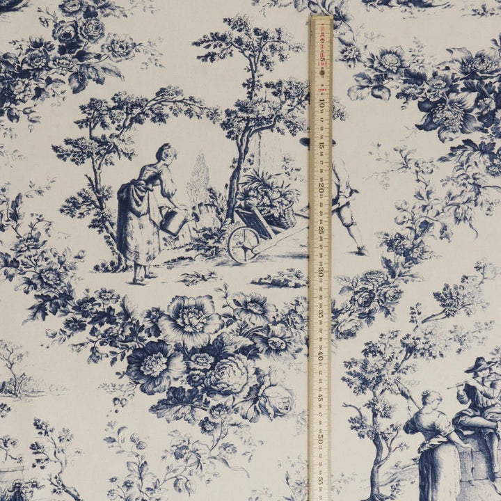 Amelie Pastoral Toile Blue on Cream Double Width Fabric